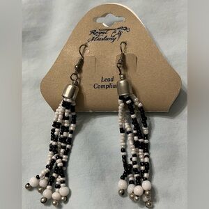 Royal Mustang beaded silver, black and white dangle earrings, never worn